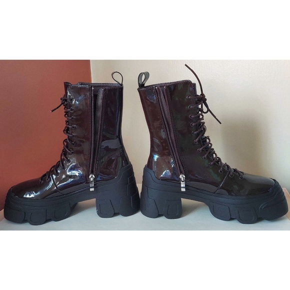 NEW - EGO Chocolate Brown Patent Lace Up Boots - Picture 5 of 11